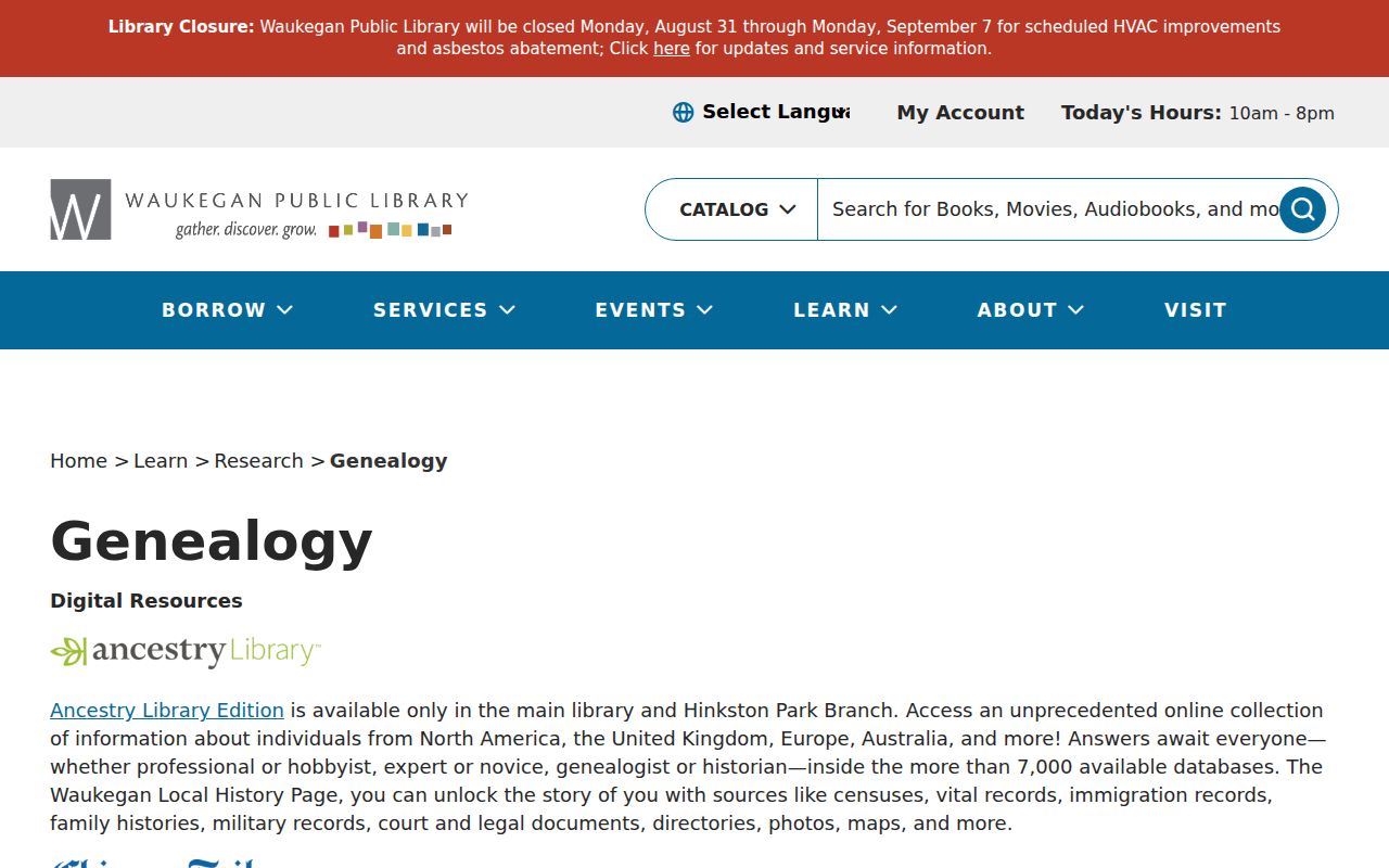 Waukegan Public Library Lake County city directory genealogy collections
